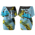 Cronulla Sutherland Sharks Couples Matching Off Shoulder Short Dress and Long Sleeve Button Shirt Golden Wattle Floral Polynesian - Australian Flower - Rugby Mascot