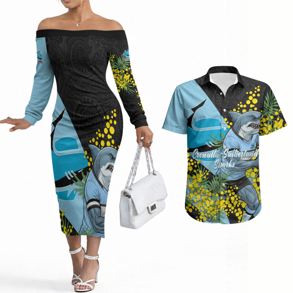 Cronulla Sutherland Sharks Couples Matching Off The Shoulder Long Sleeve Dress and Hawaiian Shirt Golden Wattle Floral Polynesian - Australian Flower - Rugby Mascot