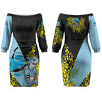 Cronulla Sutherland Sharks Couples Matching Off The Shoulder Long Sleeve Dress and Hawaiian Shirt Golden Wattle Floral Polynesian - Australian Flower - Rugby Mascot