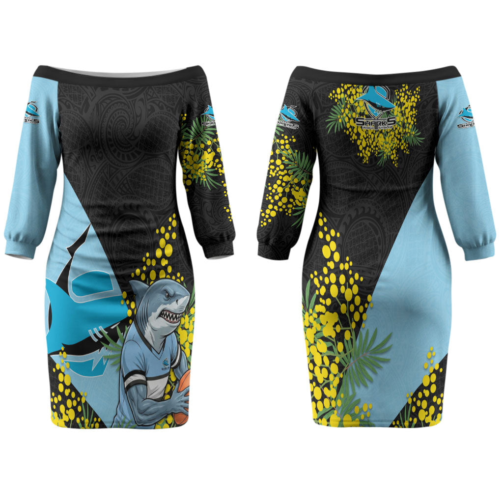 Cronulla Sutherland Sharks Couples Matching Off The Shoulder Long Sleeve Dress and Hawaiian Shirt Golden Wattle Floral Polynesian - Australian Flower - Rugby Mascot