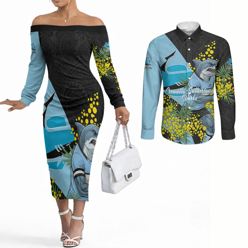 Cronulla Sutherland Sharks Couples Matching Off The Shoulder Long Sleeve Dress and Long Sleeve Button Shirt Golden Wattle Floral Polynesian - Australian Flower - Rugby Mascot