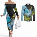 Cronulla Sutherland Sharks Couples Matching Off The Shoulder Long Sleeve Dress and Long Sleeve Button Shirt Golden Wattle Floral Polynesian - Australian Flower - Rugby Mascot
