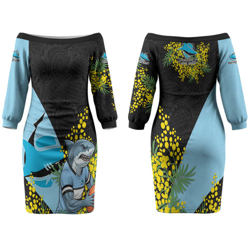 Cronulla Sutherland Sharks Couples Matching Off The Shoulder Long Sleeve Dress and Long Sleeve Button Shirt Golden Wattle Floral Polynesian - Australian Flower - Rugby Mascot