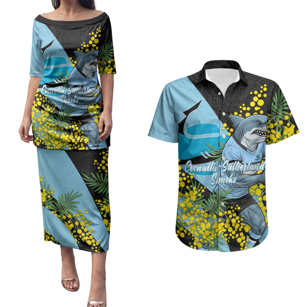 Cronulla Sutherland Sharks Couples Matching Puletasi and Hawaiian Shirt Golden Wattle Floral Polynesian - Australian Flower - Rugby Mascot