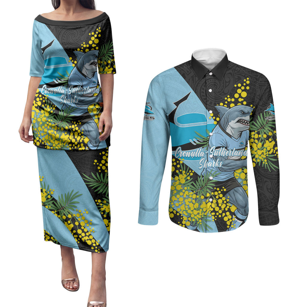 Cronulla Sutherland Sharks Couples Matching Puletasi and Long Sleeve Button Shirt Golden Wattle Floral Polynesian - Australian Flower - Rugby Mascot