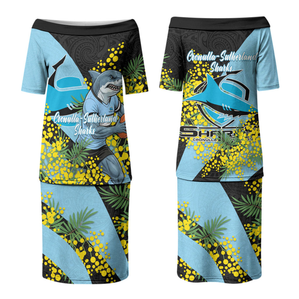 Cronulla Sutherland Sharks Couples Matching Puletasi and Long Sleeve Button Shirt Golden Wattle Floral Polynesian - Australian Flower - Rugby Mascot