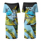 Cronulla Sutherland Sharks Couples Matching Puletasi and Long Sleeve Button Shirt Golden Wattle Floral Polynesian - Australian Flower - Rugby Mascot