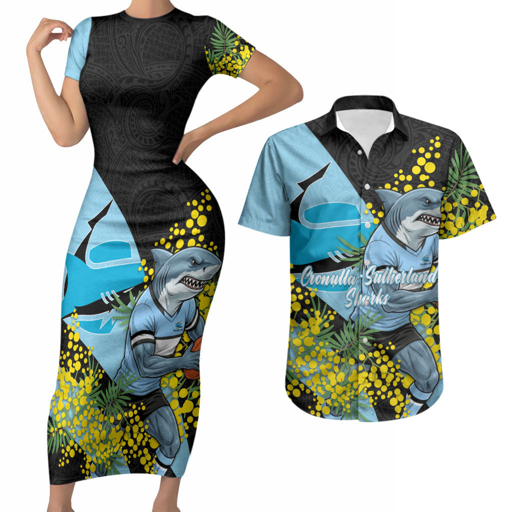 Cronulla Sutherland Sharks Couples Matching Short Sleeve Bodycon Dress and Hawaiian Shirt Golden Wattle Floral Polynesian - Australian Flower - Rugby Mascot