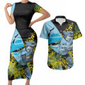 Cronulla Sutherland Sharks Couples Matching Short Sleeve Bodycon Dress and Hawaiian Shirt Golden Wattle Floral Polynesian - Australian Flower - Rugby Mascot