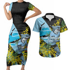 Cronulla Sutherland Sharks Couples Matching Short Sleeve Bodycon Dress and Hawaiian Shirt Golden Wattle Floral Polynesian - Australian Flower - Rugby Mascot