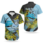 Cronulla Sutherland Sharks Couples Matching Short Sleeve Bodycon Dress and Hawaiian Shirt Golden Wattle Floral Polynesian - Australian Flower - Rugby Mascot