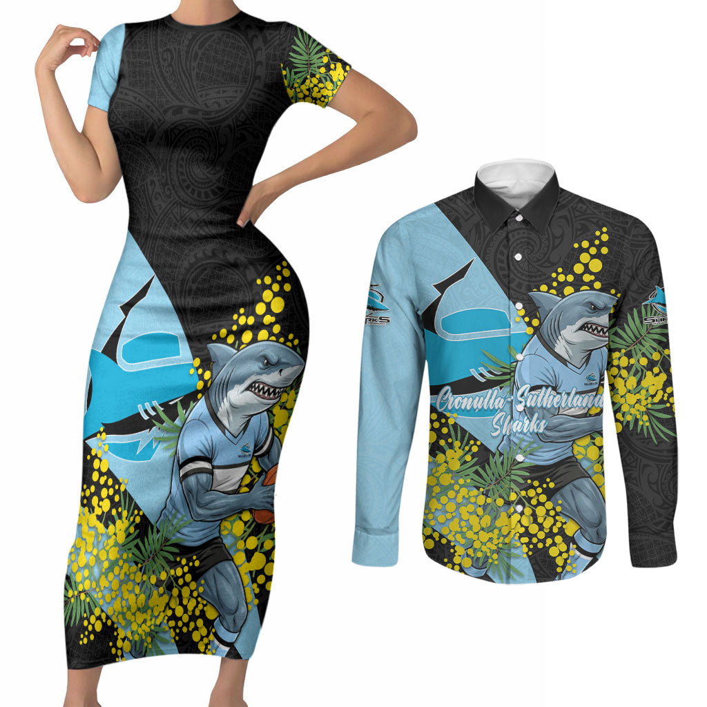 Cronulla Sutherland Sharks Couples Matching Short Sleeve Bodycon Dress and Long Sleeve Button Shirt Golden Wattle Floral Polynesian - Australian Flower - Rugby Mascot