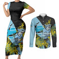 Cronulla Sutherland Sharks Couples Matching Short Sleeve Bodycon Dress and Long Sleeve Button Shirt Golden Wattle Floral Polynesian - Australian Flower - Rugby Mascot