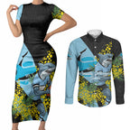 Cronulla Sutherland Sharks Couples Matching Short Sleeve Bodycon Dress and Long Sleeve Button Shirt Golden Wattle Floral Polynesian - Australian Flower - Rugby Mascot