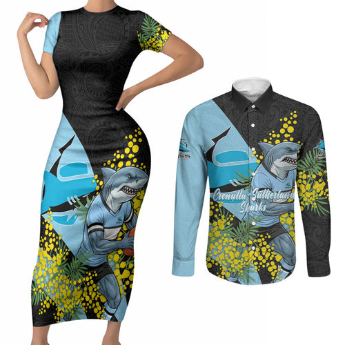 Cronulla Sutherland Sharks Couples Matching Short Sleeve Bodycon Dress and Long Sleeve Button Shirt Golden Wattle Floral Polynesian - Australian Flower - Rugby Mascot
