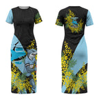 Cronulla Sutherland Sharks Couples Matching Short Sleeve Bodycon Dress and Long Sleeve Button Shirt Golden Wattle Floral Polynesian - Australian Flower - Rugby Mascot