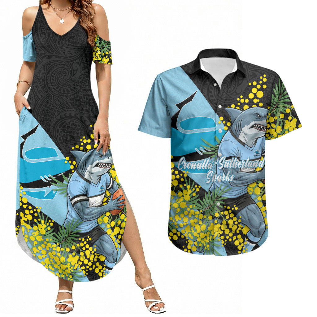 Cronulla Sutherland Sharks Couples Matching Summer Maxi Dress and Hawaiian Shirt Golden Wattle Floral Polynesian - Australian Flower - Rugby Mascot
