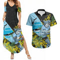 Cronulla Sutherland Sharks Couples Matching Summer Maxi Dress and Hawaiian Shirt Golden Wattle Floral Polynesian - Australian Flower - Rugby Mascot