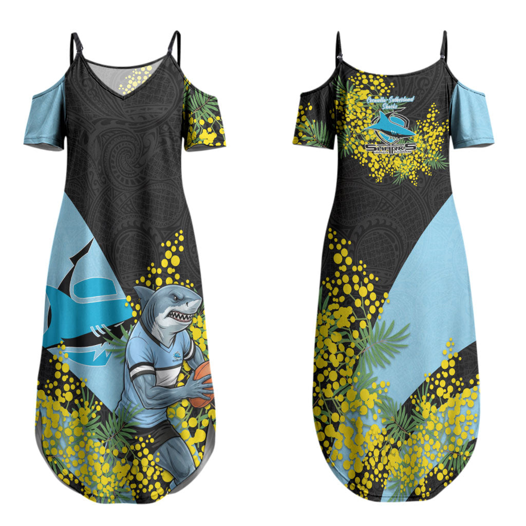 Cronulla Sutherland Sharks Couples Matching Summer Maxi Dress and Hawaiian Shirt Golden Wattle Floral Polynesian - Australian Flower - Rugby Mascot