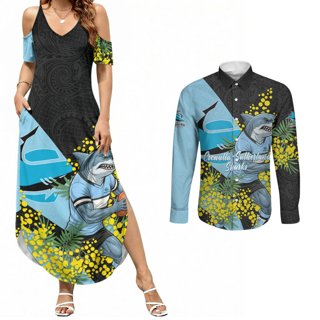 Cronulla Sutherland Sharks Couples Matching Summer Maxi Dress and Long Sleeve Button Shirt Golden Wattle Floral Polynesian - Australian Flower - Rugby Mascot