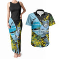 Cronulla Sutherland Sharks Couples Matching Tank Maxi Dress and Hawaiian Shirt Golden Wattle Floral Polynesian - Australian Flower - Rugby Mascot