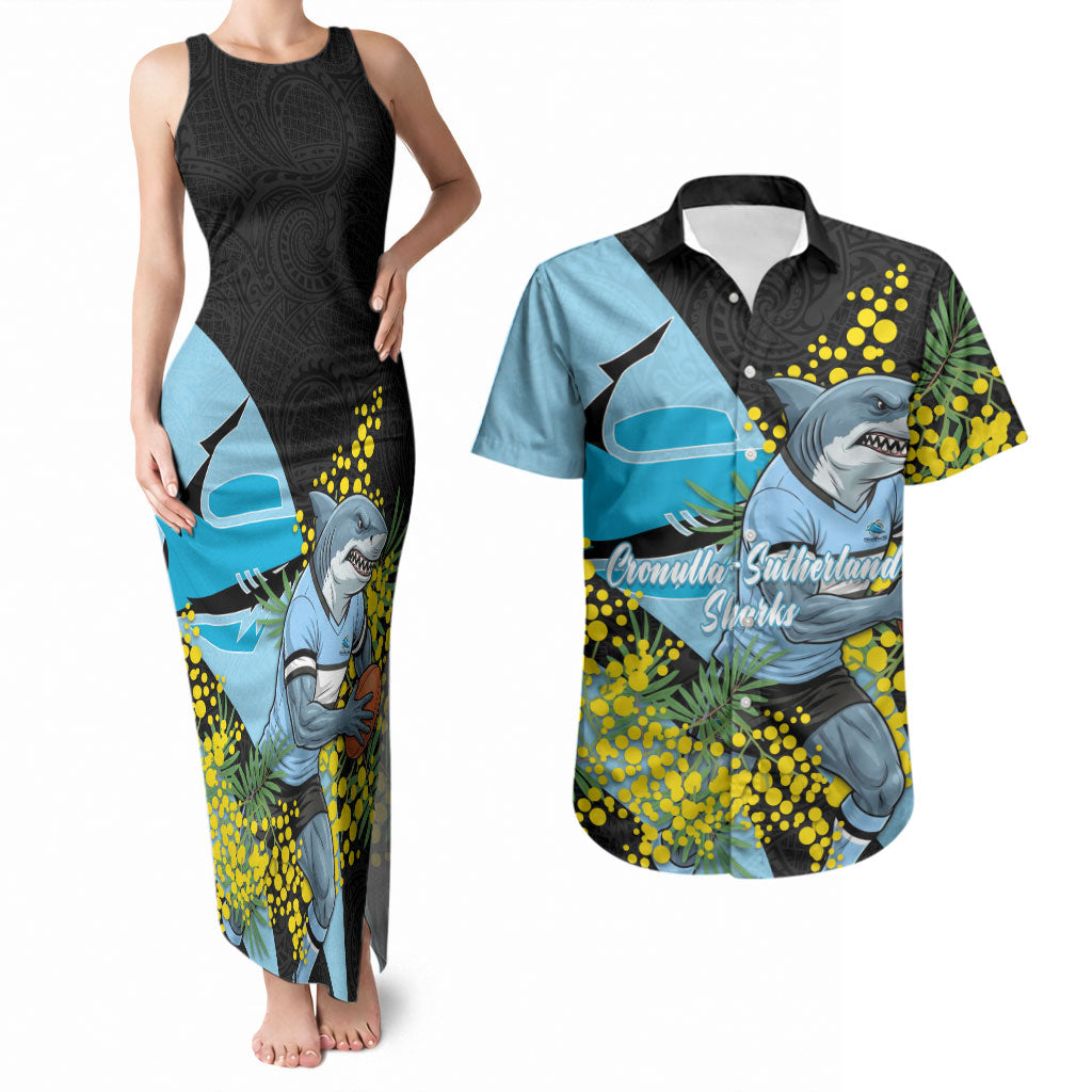 Cronulla Sutherland Sharks Couples Matching Tank Maxi Dress and Hawaiian Shirt Golden Wattle Floral Polynesian - Australian Flower - Rugby Mascot