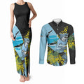 Cronulla Sutherland Sharks Couples Matching Tank Maxi Dress and Long Sleeve Button Shirt Golden Wattle Floral Polynesian - Australian Flower - Rugby Mascot