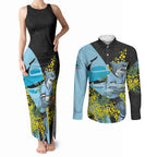 Cronulla Sutherland Sharks Couples Matching Tank Maxi Dress and Long Sleeve Button Shirt Golden Wattle Floral Polynesian - Australian Flower - Rugby Mascot