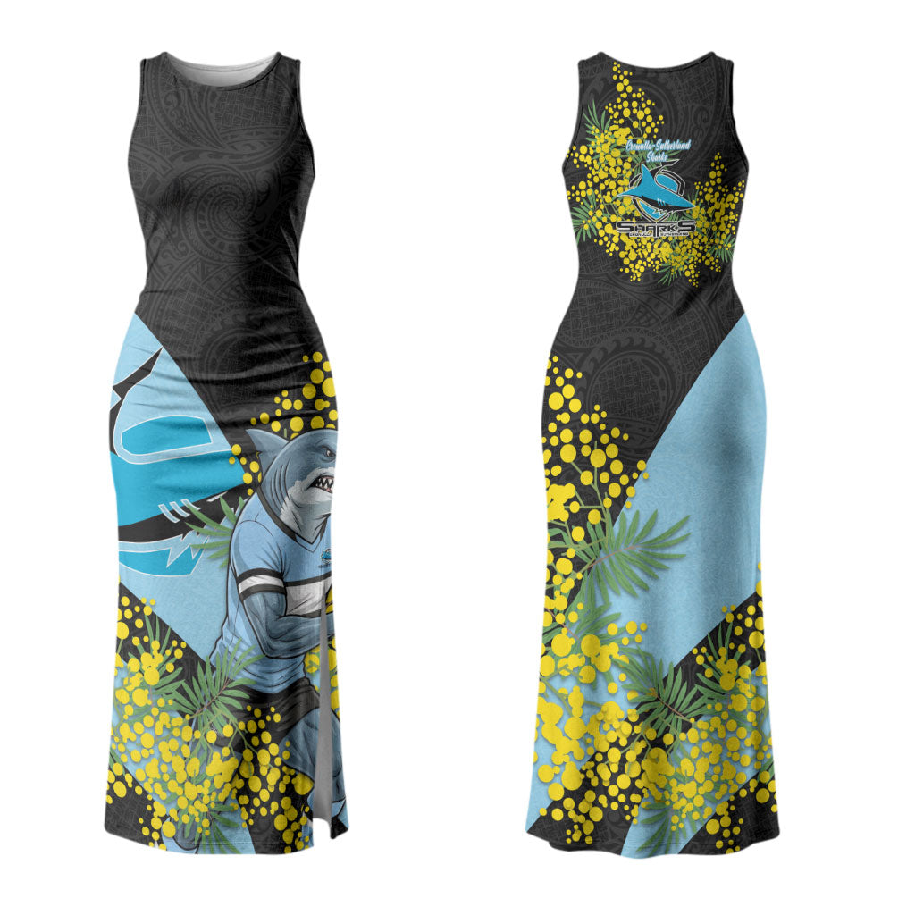 Cronulla Sutherland Sharks Couples Matching Tank Maxi Dress and Long Sleeve Button Shirt Golden Wattle Floral Polynesian - Australian Flower - Rugby Mascot