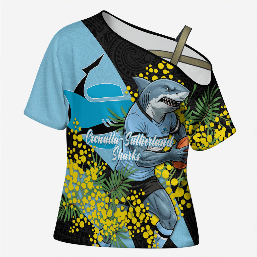 Cronulla Sutherland Sharks Cross Shoulder Shirt Golden Wattle Floral Polynesian - Australian Flower - Rugby Mascot