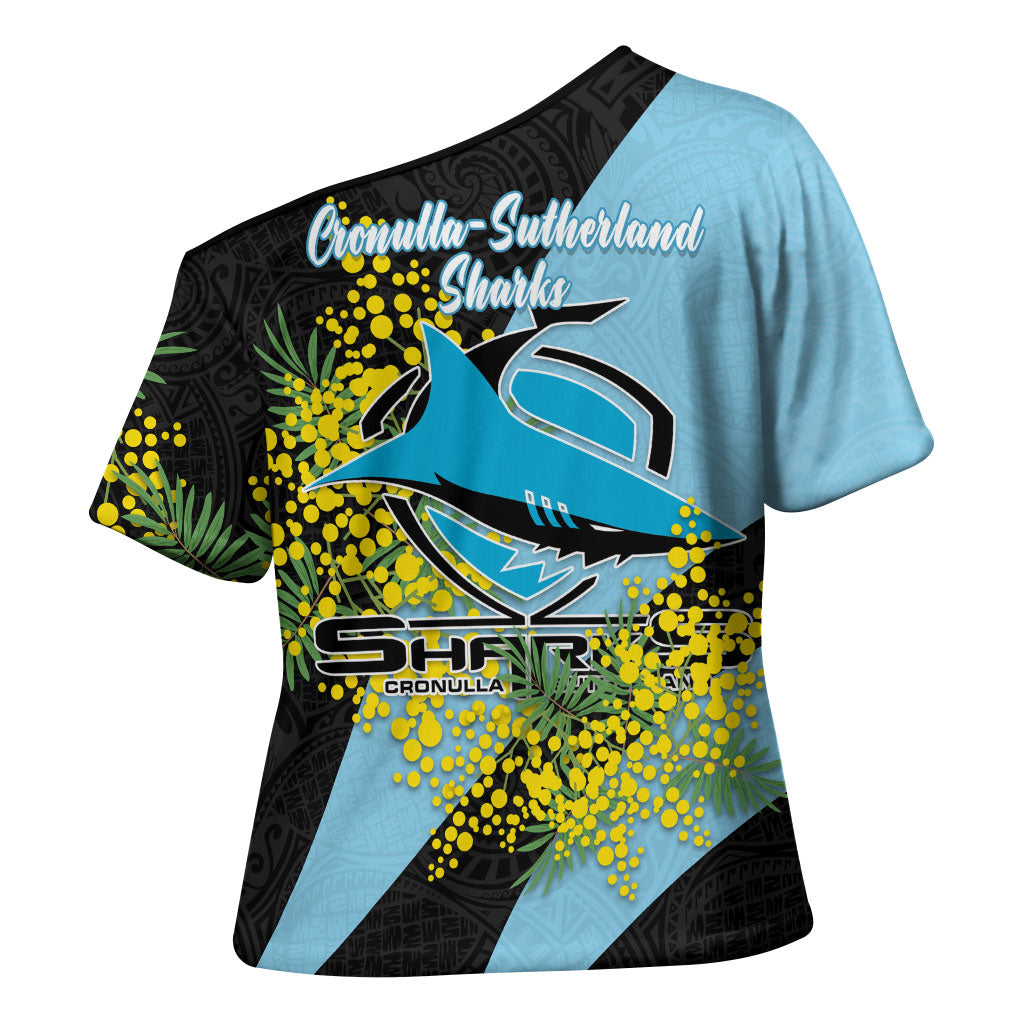Cronulla Sutherland Sharks Cross Shoulder Shirt Golden Wattle Floral Polynesian - Australian Flower - Rugby Mascot