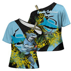 Cronulla Sutherland Sharks Cross Shoulder Shirt Golden Wattle Floral Polynesian - Australian Flower - Rugby Mascot