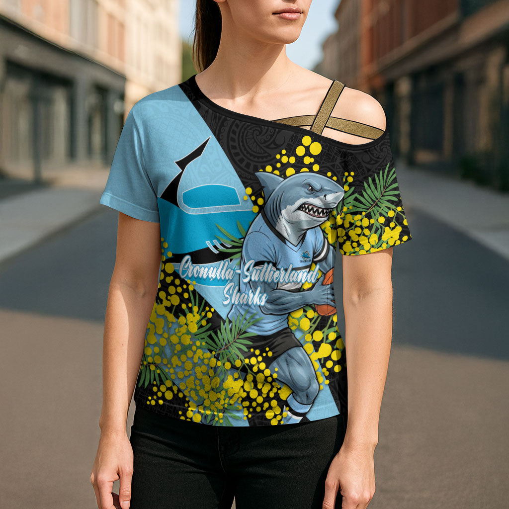 Cronulla Sutherland Sharks Cross Shoulder Shirt Golden Wattle Floral Polynesian - Australian Flower - Rugby Mascot