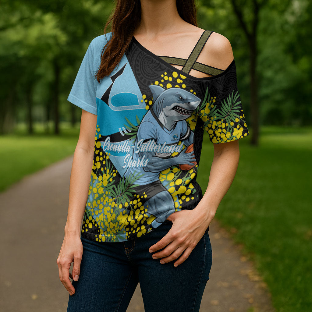 Cronulla Sutherland Sharks Cross Shoulder Shirt Golden Wattle Floral Polynesian - Australian Flower - Rugby Mascot