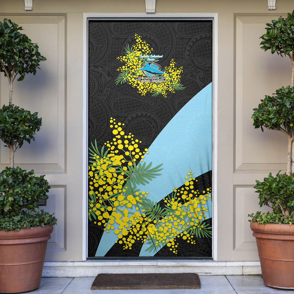 Cronulla Sutherland Sharks Door Cover Golden Wattle Floral Polynesian - Australian Flower - Rugby Mascot