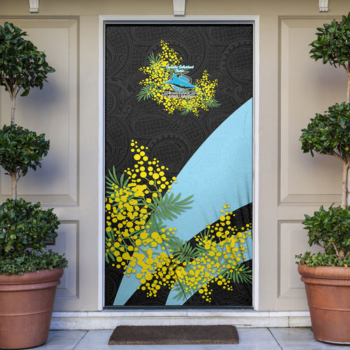 Cronulla Sutherland Sharks Door Cover Golden Wattle Floral Polynesian - Australian Flower - Rugby Mascot