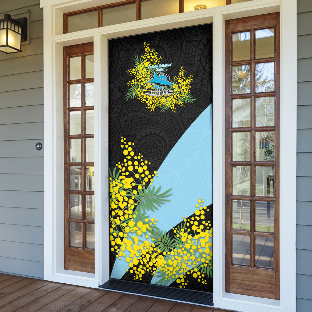 Cronulla Sutherland Sharks Door Cover Golden Wattle Floral Polynesian - Australian Flower - Rugby Mascot