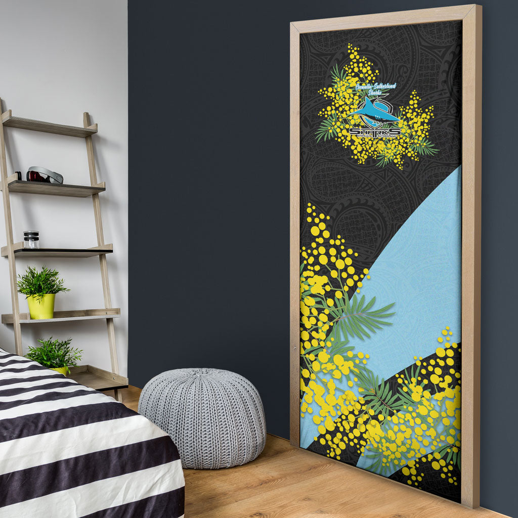 Cronulla Sutherland Sharks Door Cover Golden Wattle Floral Polynesian - Australian Flower - Rugby Mascot