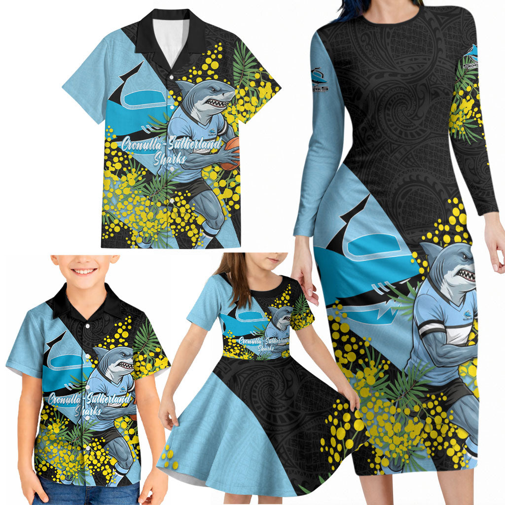 Cronulla Sutherland Sharks Family Matching Long Sleeve Bodycon Dress and Hawaiian Shirt Golden Wattle Floral Polynesian - Australian Flower - Rugby Mascot