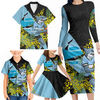 Cronulla Sutherland Sharks Family Matching Long Sleeve Bodycon Dress and Hawaiian Shirt Golden Wattle Floral Polynesian - Australian Flower - Rugby Mascot