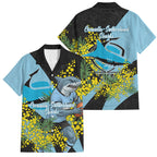 Cronulla Sutherland Sharks Family Matching Long Sleeve Bodycon Dress and Hawaiian Shirt Golden Wattle Floral Polynesian - Australian Flower - Rugby Mascot