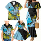 Cronulla Sutherland Sharks Family Matching Mermaid Dress and Hawaiian Shirt Golden Wattle Floral Polynesian - Australian Flower - Rugby Mascot