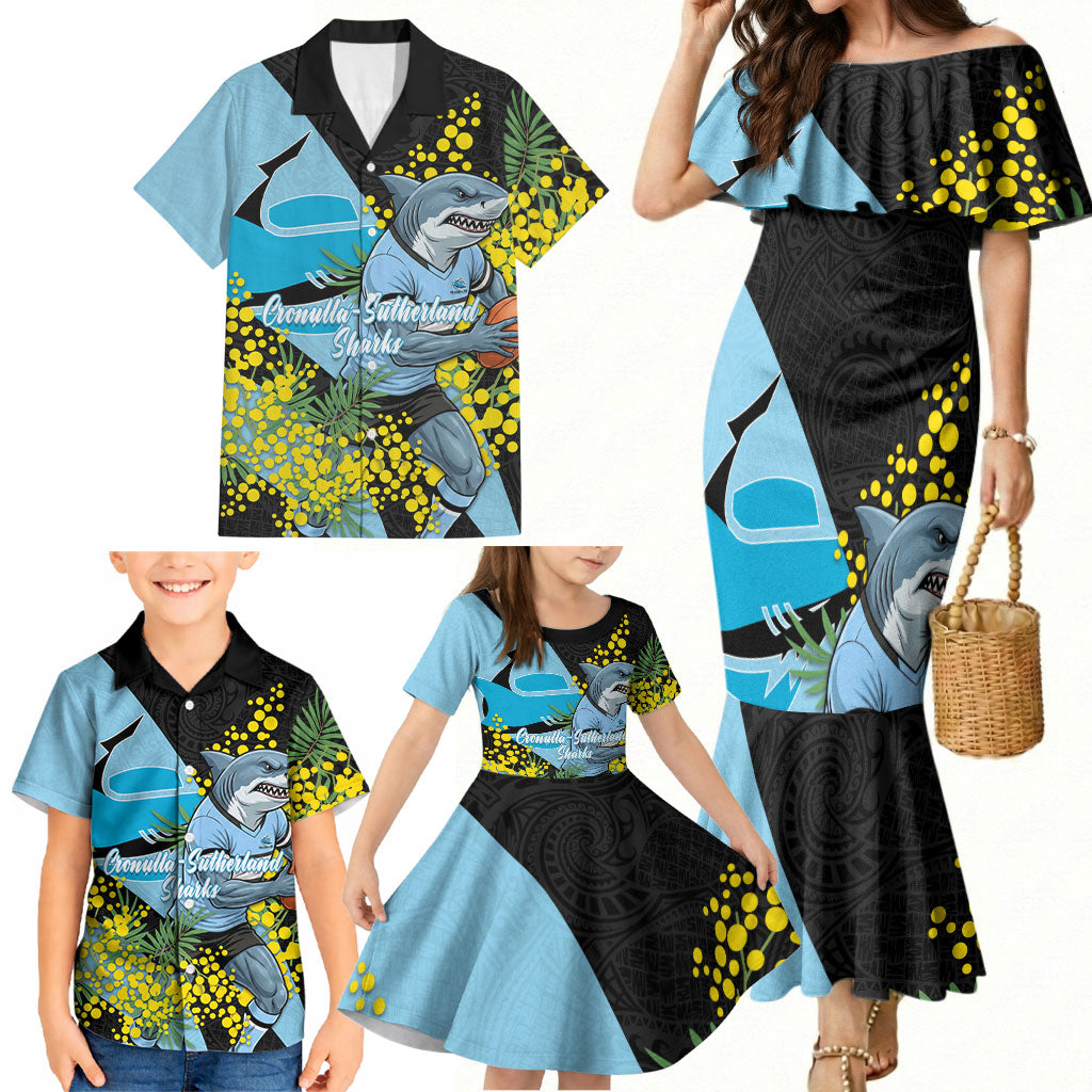 Cronulla Sutherland Sharks Family Matching Mermaid Dress and Hawaiian Shirt Golden Wattle Floral Polynesian - Australian Flower - Rugby Mascot