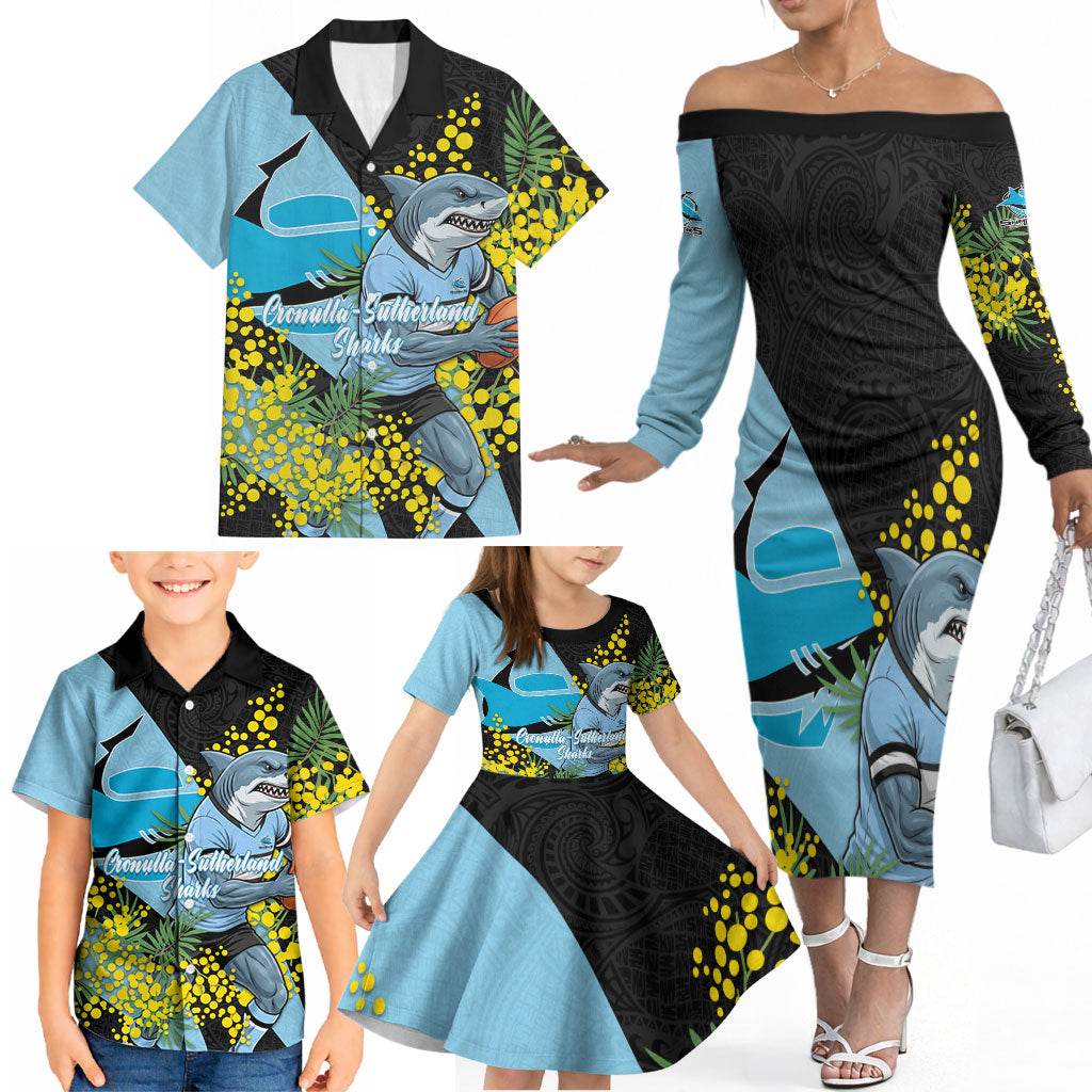 Cronulla Sutherland Sharks Family Matching Off The Shoulder Long Sleeve Dress and Hawaiian Shirt Golden Wattle Floral Polynesian - Australian Flower - Rugby Mascot