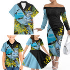 Cronulla Sutherland Sharks Family Matching Off The Shoulder Long Sleeve Dress and Hawaiian Shirt Golden Wattle Floral Polynesian - Australian Flower - Rugby Mascot