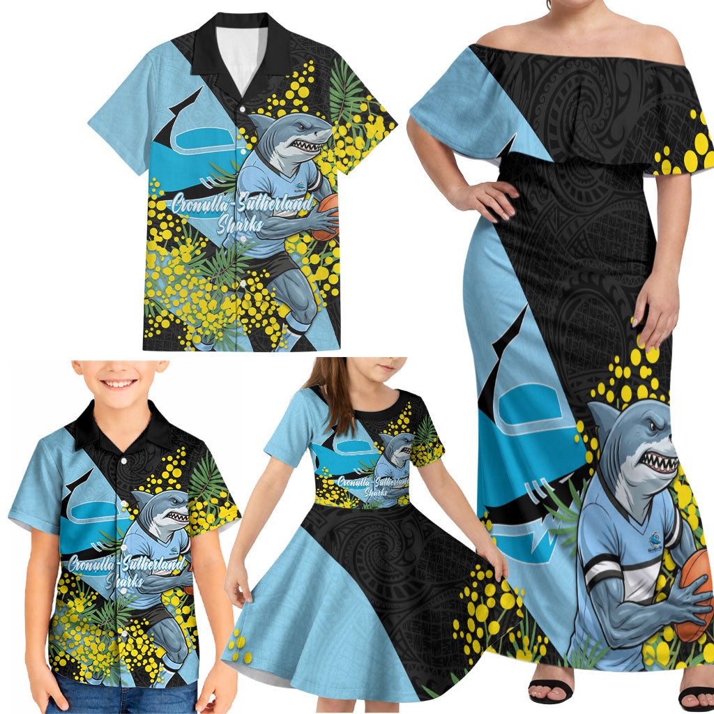 Cronulla Sutherland Sharks Family Matching Off Shoulder Maxi Dress and Hawaiian Shirt Golden Wattle Floral Polynesian - Australian Flower - Rugby Mascot