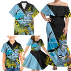Cronulla Sutherland Sharks Family Matching Off Shoulder Maxi Dress and Hawaiian Shirt Golden Wattle Floral Polynesian - Australian Flower - Rugby Mascot