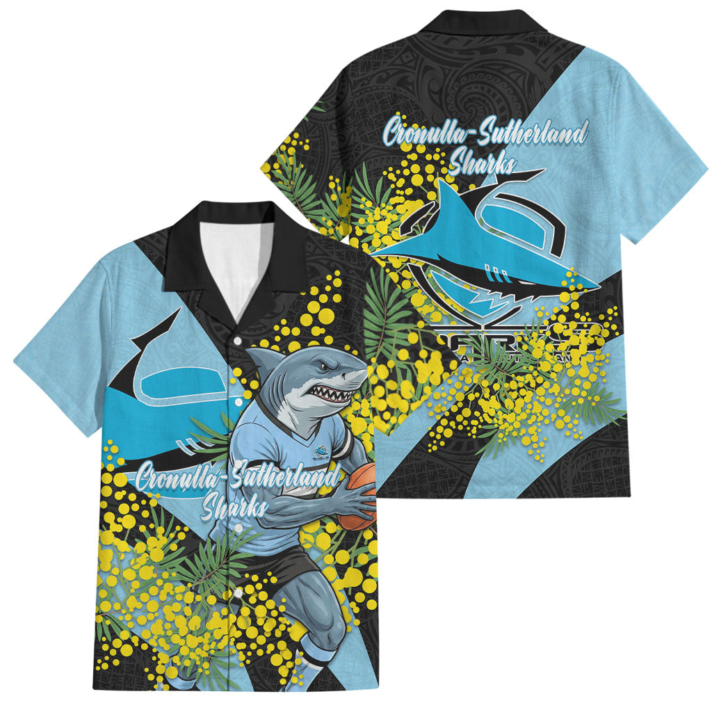 Cronulla Sutherland Sharks Family Matching Off Shoulder Maxi Dress and Hawaiian Shirt Golden Wattle Floral Polynesian - Australian Flower - Rugby Mascot