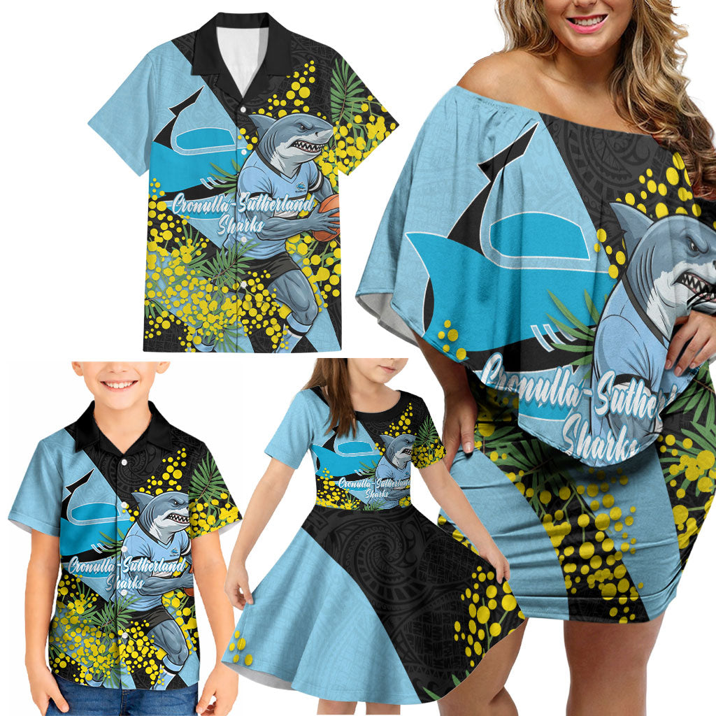 Cronulla Sutherland Sharks Family Matching Off Shoulder Short Dress and Hawaiian Shirt Golden Wattle Floral Polynesian - Australian Flower - Rugby Mascot