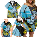 Cronulla Sutherland Sharks Family Matching Off Shoulder Short Dress and Hawaiian Shirt Golden Wattle Floral Polynesian - Australian Flower - Rugby Mascot